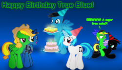 Size: 4341x2521 | Tagged: safe, artist:agkandphotomaker2000, character:dj pon-3, character:vinyl scratch, oc, oc:arnold the pony, oc:dusty notes, oc:jazz notes, oc:pony video maker, oc:true blue, species:pegasus, species:pony, species:unicorn, birthday, birthday cake, birthday card, birthday hats, cake, candle, canon x oc, clothing, cowboy hat, dialogue, disgusted, family, female, filly, flying, food, happy, hat, levitation, magic, oc x oc, ploy, ploy cake, red and black mane, red and black oc, shipping, show accurate, sugar free, sugar free cake, tackled, telekinesis, vest, videoscratch, wings