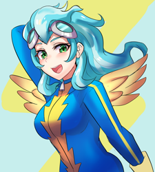 Size: 800x889 | Tagged: safe, artist:tzc, character:misty fly, species:human, anime, arm behind head, blushing, clothing, commission, cute, female, goggles, humanized, looking at you, open mouth, solo, uniform, winged humanization, wings, wonderbolts, wonderbolts uniform