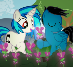 Size: 3600x3300 | Tagged: safe, artist:agkandphotomaker2000, character:dj pon-3, character:vinyl scratch, oc, oc:pony video maker, species:pegasus, species:pony, species:unicorn, bush, canon x oc, flower, giving, glow, heart's desire, show accurate, spring, tree, videoscratch