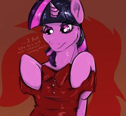 Size: 1065x981 | Tagged: safe, artist:testostepone, character:twilight sparkle, oc, oc:acesential, species:alicorn, species:pony, contemplating, female, hoof hold, implied transformation, mare, polo shirt, solo, text