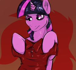 Size: 1065x981 | Tagged: safe, alternate version, artist:testostepone, character:twilight sparkle, oc, oc:acesential, species:alicorn, species:pony, contemplating, female, hoof hold, implied transformation, mare, polo shirt, solo