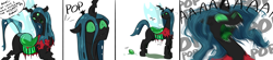Size: 3935x859 | Tagged: safe, artist:testostepone, character:queen chrysalis, oc, oc:acesential, species:changeling, changeling queen, chrysalis can't hold her eggs, clothing, comic, dialogue, egg, fangs, female, freaking out, human to changeling, implied transformation, laying an egg, onomatopoeia, oviposition, polo shirt, post-transformation, quadrupedal, simple background, torn clothes, white background