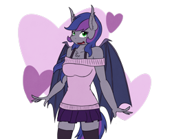 Size: 1687x1367 | Tagged: safe, artist:phoenixswift, oc, oc only, oc:midnight melody, species:anthro, species:bat pony, clothing, female, heart, simple background, skirt, socks, solo, sweater, thigh highs, transparent background