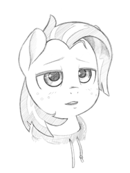 Size: 831x1107 | Tagged: safe, artist:trickydick, character:babs seed, species:earth pony, species:pony, clothing, female, filly, freckles, grayscale, hoodie, lidded eyes, monochrome, open mouth, pencil drawing, simple background, solo, traditional art, white background