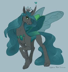 Size: 1966x2089 | Tagged: safe, artist:phathusa, character:queen chrysalis, species:changeling, species:reformed changeling, changeling queen, cloven hooves, crown, dark changedling, fangs, female, green background, green eyes, heart, insect wings, jewelry, purified chrysalis, reformed, regalia, simple background, solo, wings