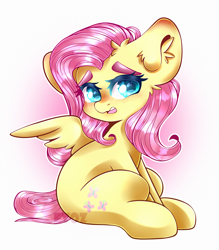 Size: 2100x2400 | Tagged: safe, artist:etoz, character:fluttershy, species:pegasus, species:pony, blushing, cute, ear fluff, eyebrows, eyebrows down, female, gradient background, looking away, mare, open mouth, shyabetes, sitting, solo, wingding eyes, wings