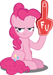 Size: 1562x2223 | Tagged: safe, artist:mrkat7214, character:pinkie pie, species:earth pony, species:pony, angry, deviantart eclipse, female, foam finger, looking at you, mare, middle finger, pinkie pie is not amused, simple background, sitting, solo, this will not end well, transparent background, unamused, vector, vulgar, when she doesn't smile