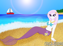 Size: 2758x2013 | Tagged: safe, artist:cyber-murph, character:fleur-de-lis, my little pony:equestria girls, beach, belly, belly button, boat, bracelet, breasts, cleavage, cute, jewelry, kissy face, mermaid, mermaidized, midriff, necklace, pose, signature, species swap, starfish, starfish bra