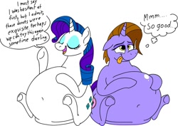 Size: 1126x795 | Tagged: safe, artist:princebluemoon3, character:rarity, oc, oc:neon sprinkles, species:pony, species:unicorn, belly, belly button, big belly, dialogue, fat, female, mare, raritubby, simple background, stuffed, tongue out, white background