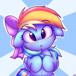 Size: 2500x2500 | Tagged: safe, artist:heavymetalbronyyeah, character:rainbow dash, species:pegasus, species:pony, :o, belly button, bipedal, blushing, bow, bust, cheek fluff, cute, dashabetes, dawwww, ear fluff, female, floppy ears, hair bow, hnnng, looking at you, mare, open mouth, solo, sunburst background, weapons-grade cute, wings