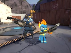 Size: 900x675 | Tagged: safe, artist:pika-robo, character:spitfire, species:human, species:pegasus, species:pony, 3d, clothing, duo, female, flamethrower, gmod, goggles, mare, mouth hold, pyro, team fortress 2, uniform, weapon, wonderbolts uniform
