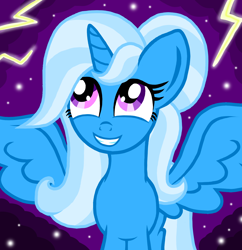 Size: 1450x1500 | Tagged: safe, artist:katya, character:trixie, species:alicorn, species:pony, alicornified, female, lightning, magic, mare, mirror universe, race swap, smiling, solo, sparkles, spread wings, trixiecorn, wings