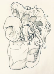 Size: 2131x2874 | Tagged: safe, artist:smirk, oc, oc only, oc:anon, oc:thingpone, species:human, alien, body horror, duo, eldritch abomination, monochrome, over shoulder, pencil drawing, traditional art