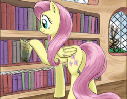 Size: 722x560 | Tagged: safe, artist:otakuap, character:fluttershy, character:twilight sparkle, character:twilight sparkle (alicorn), oc, oc:fluffy the bringer of darkness, species:alicorn, species:pony, aivo, animated, applejack's hat, avo, book, butt, clothing, comic, comic dub, cowboy hat, female, fifteen.ai, fs doesn't know what she's getting into, giant insect, giant moth, golden oaks library, hat, insect, library, mare, moth, plot, sound, this will end in tears, watership down, webm