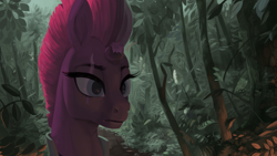 Size: 3840x2160 | Tagged: safe, artist:toisanemoif, character:tempest shadow, species:pony, species:unicorn, armor, broken horn, eyelashes, female, forest, horn, leaves, red mane, scar, solo, tree