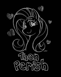 Size: 720x900 | Tagged: safe, artist:texasuberalles, character:fluttershy, species:pegasus, species:pony, black background, bust, dissonant caption, female, grayscale, heart, looking at you, mare, monochrome, pencil drawing, simple background, solo, text, then perish, traditional art