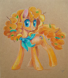 Size: 900x1034 | Tagged: safe, artist:maytee, character:pear butter, species:earth pony, species:pony, colored pencil drawing, female, leaves in hair, looking at you, mare, neckerchief, smiling, solo, traditional art
