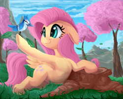 Size: 2000x1603 | Tagged: safe, artist:discorded, character:fluttershy, species:bird, species:pegasus, species:pony, armpits, blue jay, cherry blossoms, cute, female, floppy ears, flower, flower blossom, leaf, leaves, mare, on side, shyabetes, solo, tree, tree stump