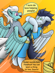 Size: 3024x4032 | Tagged: safe, artist:tacomytaco, character:fleetfoot, character:soarin', character:spitfire, species:pegasus, species:pony, comic:wedgiebolts academy, briefs, clothing, comic, dialogue, flying, frontal wedgie, gradient background, gritted teeth, offscreen character, pain, shirt, shorts, speech bubble, spread wings, suggestive series, text, underwear, wedgie, wing hands, wings