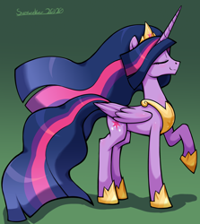 Size: 2656x2976 | Tagged: safe, artist:moonseeker, character:twilight sparkle, character:twilight sparkle (alicorn), species:alicorn, species:pony, episode:the last problem, g4, my little pony: friendship is magic, crown, eyes closed, female, grin, high res, hoof shoes, jewelry, mare, older, older twilight, one hoof raised, princess twilight 2.0, raised hoof, regalia, smiling, solo