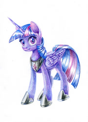 Size: 700x972 | Tagged: safe, artist:maytee, character:twilight sparkle, character:twilight sparkle (alicorn), species:alicorn, species:pony, colored pencil drawing, female, hoof shoes, mare, simple background, smiling, solo, traditional art, white background