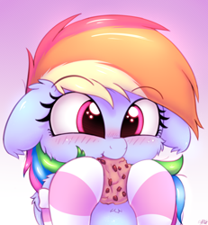 Size: 2500x2700 | Tagged: safe, artist:heavymetalbronyyeah, character:rainbow dash, species:pegasus, species:pony, blushing, bust, cheek fluff, chest fluff, clothing, cookie, cute, dashabetes, ear fluff, eating, female, floppy ears, food, gradient background, high res, leg fluff, mare, shoulder fluff, socks, solo, striped socks, weapons-grade cute