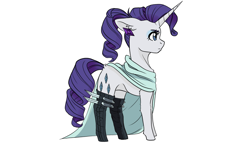 Size: 2920x1668 | Tagged: safe, artist:tillie-tmb, character:rarity, species:pony, species:unicorn, boots, cape, clothing, ear piercing, earring, female, jewelry, knife, mare, piercing, profile, shoes, simple background, socks, solo, white background