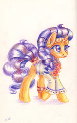 Size: 684x1096 | Tagged: safe, artist:maytee, character:saffron masala, species:pony, species:unicorn, bracelet, clothing, colored pencil drawing, female, jewelry, mare, simple background, solo, traditional art