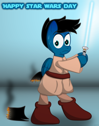 Size: 2582x3300 | Tagged: safe, artist:agkandphotomaker2000, oc, oc:pony video maker, species:pegasus, species:pony, boots, chopped up flank, crossover, drawing, lightsaber, may the fourth be with you, robe, shocked expression, shoes, smoke, star wars, star wars day, sweat, weapon