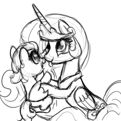 Size: 1500x1500 | Tagged: safe, artist:nimaru, character:princess celestia, oc, species:pony, female, filly, holding a pony, monochrome, sketch, tongue out