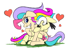 Size: 800x566 | Tagged: safe, artist:cafecomponeis, oc, oc only, oc:sugar dancer, oc:trinity deblanc, cute, female, grass, heart, hug, love, multicolored hair, siblings, simple background, sisterly love, sisters, transparent background