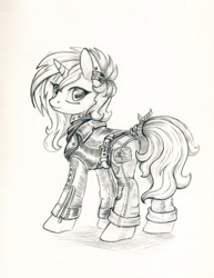 Size: 900x1165 | Tagged: safe, artist:maytee, character:sunset shimmer, species:pony, species:unicorn, clothing, ear piercing, earring, female, grayscale, jacket, jewelry, looking back, mare, monochrome, pants, pencil drawing, piercing, solo, tail wrap, traditional art