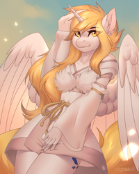 Size: 2000x2500 | Tagged: safe, artist:nightskrill, oc, oc only, oc:star nai, species:alicorn, species:anthro, species:pony, alicorn oc, anthro oc, clothing, commission, ear fluff, female, high res, horn, looking at you, mare, smiling, solo, watermark, wings, ych result