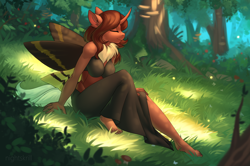 Size: 5610x3726 | Tagged: safe, alternate version, artist:nightskrill, oc, oc only, oc:red flux, species:anthro, species:mothpony, species:plantigrade anthro, g4, anthro oc, barefoot, commission, dappled sunlight, ear fluff, eyes closed, feet, female, forest, grass, moth, nature, neck fluff, original species, outdoors, profile, resting, sitting, smiling, solo, tree