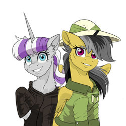 Size: 2048x2048 | Tagged: safe, artist:tillie-tmb, character:daring do, character:twilight velvet, species:pegasus, species:pony, species:unicorn, series:daring did tales of an adventurer's companion, clothing, duo, duo female, fanfic art, female, hat, jacket, leather jacket, mare, pith helmet, scar, smiling