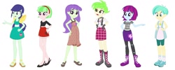 Size: 1526x609 | Tagged: safe, artist:berrypunchrules, editor:thomasfan45, character:blueberry cake, character:cherry crash, character:drama letter, character:mystery mint, character:starlight, character:watermelody, species:human, g4, my little pony:equestria girls, alternate hairstyle, background human, blueberry cake, boots, cherry crash, clothing, compilation, cute, cutie mark, cutie mark on clothes, dress, feet, female, hand on hip, headband, jewelry, legs, necklace, open-toed shoes, redesign, sandals, sexy, shirt, shoes, simple background, sneakers, socks, starlight, tennis match, vest, white background