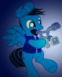 Size: 5172x6448 | Tagged: safe, artist:agkandphotomaker2000, oc, oc:pony video maker, species:pegasus, species:pony, camera, clothing, director's hat, happy, jacket, show accurate, video camera, wings