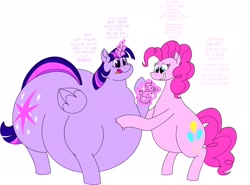 Size: 2172x1603 | Tagged: safe, artist:princebluemoon3, character:pinkie pie, character:twilight sparkle, character:twilight sparkle (alicorn), species:alicorn, species:earth pony, species:pony, episode:cakes for the memories, spoiler:cakes for the memories, spoiler:mlp friendship is forever, belly, big belly, bipedal, chubbie pie, chubby, cupcake, dialogue, fat, food, huge butt, impossibly large belly, impossibly large butt, large belly, large butt, magic, obese, piggy pie, princess twilard, pudgy pie, simple background, squishy, stuffed, twilard sparkle, twilight has a big ass, weight gain, white background