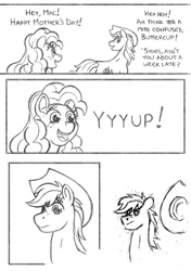 Size: 720x1021 | Tagged: safe, artist:texasuberalles, character:bright mac, character:pear butter, species:earth pony, species:pony, clothing, comic, cowboy hat, faec, female, grayscale, hat, implied big macintosh, male, mare, monochrome, mother's day, pencil drawing, simple background, stallion, traditional art, white background