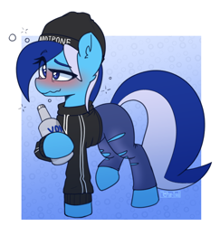 Size: 1182x1217 | Tagged: safe, artist:puetsua, oc, oc:brushie brusha, species:earth pony, species:pony, addipone, adidas, alcohol, blue background, blue eyes, blue mane, blushing, bottle, bubble, clothing, drink, drunk, ear fluff, ears, earth pony oc, fluffy, full body, hat, jeans, pants, simple background, sweat, tail, vodka
