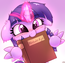 Size: 2500x2400 | Tagged: safe, artist:heavymetalbronyyeah, character:twilight sparkle, character:twilight sparkle (alicorn), species:alicorn, species:pony, :t, blushing, book, bookhorse, cheek fluff, chest fluff, cute, ear fluff, ear tufts, female, floppy ears, fluffy, glowing horn, gradient background, high res, hoof fluff, hoof hold, horn, knowledge, leg fluff, looking at you, magic, mare, mouth hold, nom, open mouth, smiling, solo, spread wings, that pony sure does love books, twiabetes, weapons-grade cute, wings
