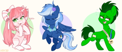 Size: 1500x640 | Tagged: safe, artist:higgly-chan, oc, oc only, oc:lunacy, oc:verdant tome, species:earth pony, species:pegasus, species:pony, species:unicorn, bow, clothing, hair bow, medal, smiling, smug, socks