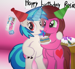 Size: 7200x6600 | Tagged: safe, artist:agkandphotomaker2000, character:dj pon-3, character:vinyl scratch, oc, oc:rose bloom, species:earth pony, species:pony, species:unicorn, banner, bipedal, birthday, birthday cake, cake, candle, clothing, food, hat, header, levitation, magic, party hat, plate, selfie, show accurate, simple background, table, telekinesis