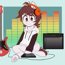 Size: 1100x1089 | Tagged: safe, artist:higgly-chan, oc, oc only, species:earth pony, species:pony, clothing, electric guitar, guitar, headphones, hoodie, musical instrument, solo, underhoof