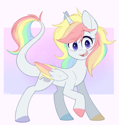Size: 1047x1100 | Tagged: safe, artist:higgly-chan, oc, oc only, species:alicorn, species:pony, colored hooves, colored wings, colored wingtips, leonine tail, multicolored hair, rainbow hair, smiling, solo