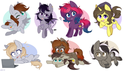 Size: 1200x674 | Tagged: safe, artist:higgly-chan, oc, oc only, oc:astral flare, species:bat pony, species:earth pony, species:pegasus, species:pony, species:unicorn, blushing, chibi, computer, laptop computer, one eye closed, question mark, raspberry, smiling, surprised, tongue out, wink
