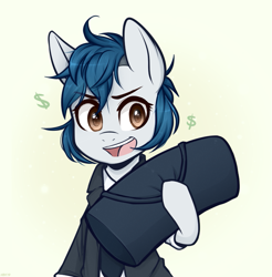Size: 699x710 | Tagged: safe, artist:higgly-chan, species:earth pony, species:pony, clothing, crossover, dollar sign, duffle bag, jacket, payday 2, simple background, solo, sydney (payday 2)