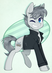 Size: 861x1200 | Tagged: safe, artist:higgly-chan, oc, oc only, species:earth pony, species:pony, clothing, grin, jacket, leather jacket, smiling, solo