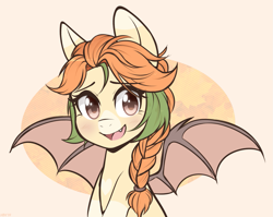 Size: 1109x884 | Tagged: safe, artist:higgly-chan, oc, oc only, oc:autumn harvest, species:bat pony, species:pony, blushing, braid, bust, cute, fangs, female, looking at you, mare, smiling, solo, spread wings, wings