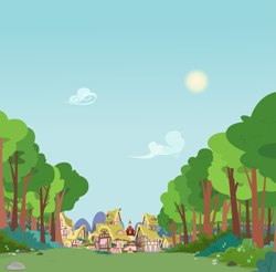 Size: 2467x2432 | Tagged: safe, artist:boneswolbach, background, bush, cloud, flower, high res, house, mostly sunny, mountain, no pony, ponyville, ponyville town hall, scenery, sky, sun, tree, vector
